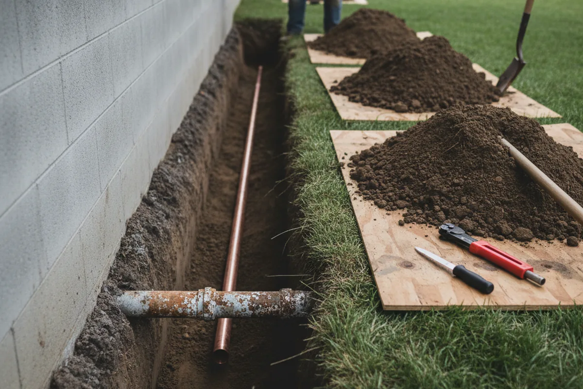 Excavated water line trench during Water Heater Repair in Lafayette